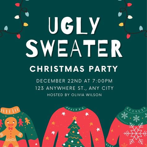 Hello ✨ Im happy to share with you a Free Ugly Sweater Christmas Party Template, you can clic on the link or check my Canva Creator profile https://www.canva.com/p/cristinaglz/ Ugly Xmas Sweater Party, Ugly Christmas Sweater Invitations, Christmas Party Friends, Ugly Christmas Sweater Party Invitations, Ugly Sweater Christmas Party, Ugly Sweater Party Invitations, Christmas Party Invitation Template, Ugly Sweater Christmas, Holiday Party Invitation