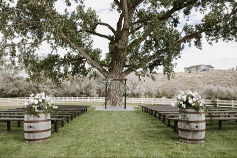 Rustic wedding ceremony aisle with whiskey barrels Wedding Ceremony Aisle, Barrel Wedding, Ceremony Aisle, Wedding Isles, Whiskey Barrels, Rustic Wedding Ceremony, Whisky Barrel, Wedding Arbour, Outdoor Wedding Decorations