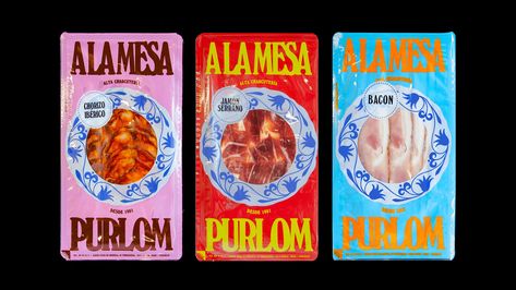 PURLOM - ¡A LA MESA! on Behance Nut Branding, Spanish Graphic Design, Deli Packaging, Meat Packaging Design, Spanish Meat, Meat Design, Meat Packaging, Creative Block, Its Nice That