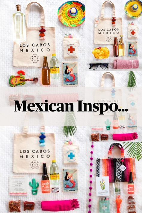 A beautiful flatlay featuring creative Mexican wedding souvenirs, including a Los Cabos tote bag, mini tequila bottles, hangover kits, colorful maracas, and Mexican-inspired decor items. Perfect for destination wedding inspiration. Mexico Style Wedding, Mini Tequila Bottles, Unique Destination Wedding Ideas, Latin American Wedding, Mexican Souvenirs, Mexican Wedding Ideas, Functional Gifts, Mexican Wedding Dress, Unique Destination Wedding