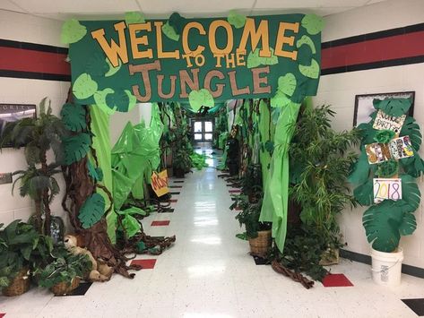 Jungle Book Theme Decorations, Rainforest Trunk Or Treat, Safari Theme Pep Rally, Jungle Theme Graduation Party, Jungle Theme Float, Jungle Theme For School, Jungle Pep Rally, It’s A Jungle Out There, Safari School Decorations