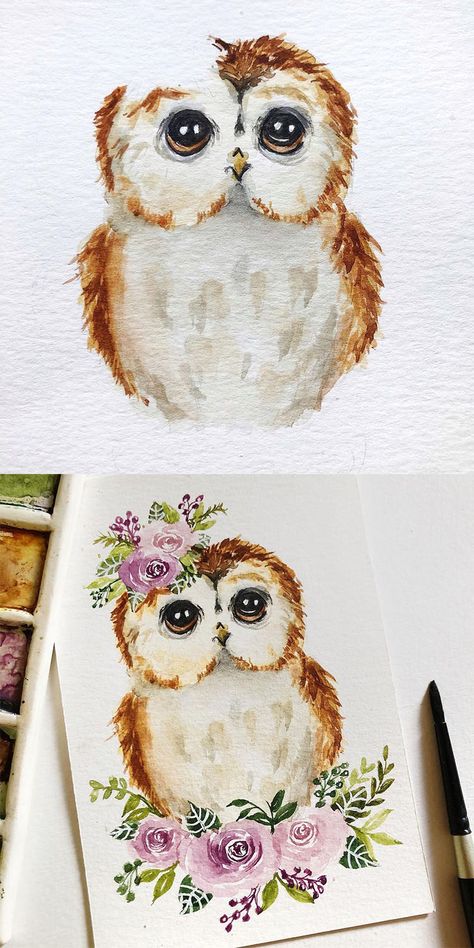 If you're looking for watercolor animal painting ideas and inspiration, I've got you covered. You'll love these gorgeous watercolor animals. How to paint and owl with flowers. Cute Animals Watercolor Paintings, Owls To Paint, Watercolor Art Owl, Owl Watercolor Easy, Watercolour Owl Painting, Owl Watercolor Tutorial, Water Colour Animals Easy, Waterpaintings Ideas For Beginners, Watercolor Owl Painting