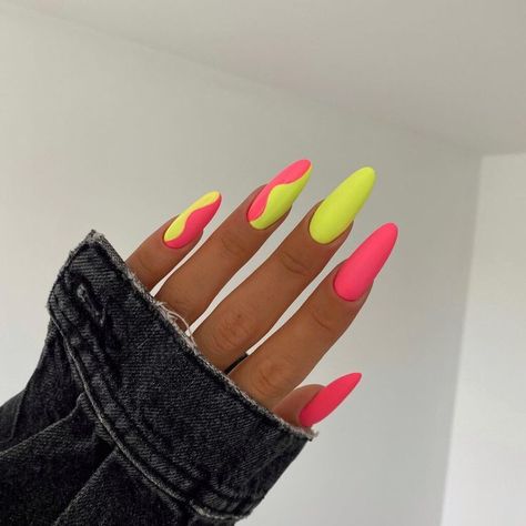 Cute Neon Nails Summer, Bright Almond Nails, Neon Yellow Acrylic Nails, Neon Nail Colors, Lime Nails, Nail Options, Neon Orange Nails, Neon Yellow Nails, Neon Nail Designs