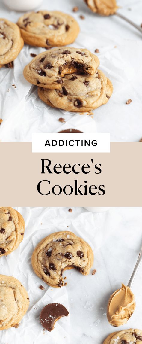 Cookie With Reeses In The Middle, Chocolate Chip Cookies With Reeses Peanut Butter Cups, Reese's Cup Cookies, Chocolate Chip Cookies With Reeses Cups, Reese’s Chocolate Chip Cookies, Reese’s Cookies Recipe, Chocolate Chip Peanut Butter Cup Cookies, Reese’s Cup Cookies, Reeces Cup Cookies