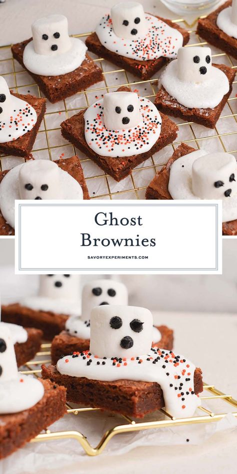 These EASY Ghost Brownies are made with a base of store-bought or homemade brownies and use marshmallows and fluff to make a ghost topping! Ghost Brownies Marshmallow, Easy Halloween Desserts For Parties, Tasty Brownies, Ghost Brownies, Marshmallow Ghosts, Candy Corn Recipe, Rice Cereal Treats, Fabulous Desserts, Store Bought Frosting