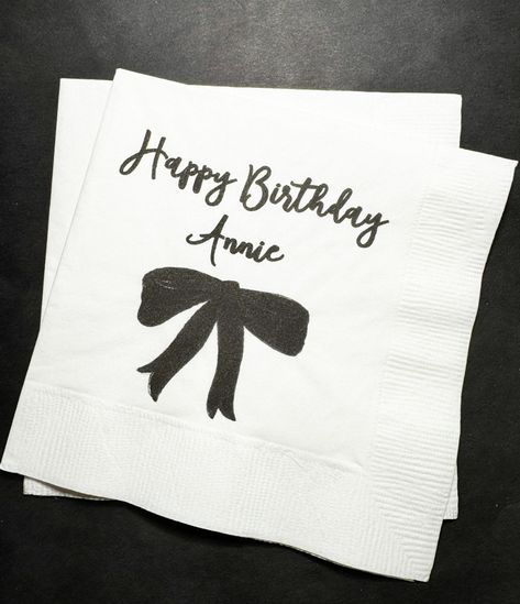 These pretty cocktail napkins are perfect for that Black Bow or Hello Forty 40th Birthday you are planning! These 3 ply cocktail napkins come in sets of 25, are approximately 5x5, and are printed with design as shown. They are also available in luncheon or dinner size, which you can purchase by choosing this option in checkout, along with the quantity of sets you need. Please note these napkins come as shown, personalized with one name of your choice-everything else remains the same- and there a Black And White First Birthday, Classy 40th Birthday Party For Women, Black Birthday Party, Black And White Birthday Theme, Chanel Inspired Party, Pretty Cocktails, 21st Bday Ideas, 30th Party, 30th Bday