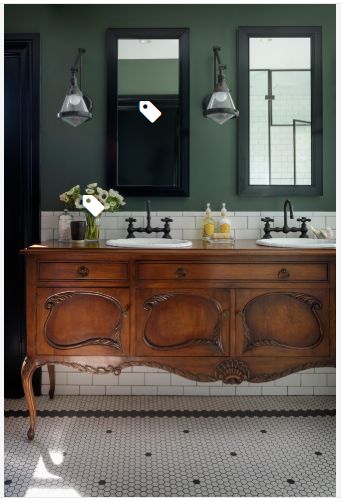 Benjamin Moore Dakota Shadow Recessed Medicine Cabinet, Antique Buffet, Bad Inspiration, Green Walls, Upstairs Bathrooms, Bad Design, Green Bathroom, Green Interiors, Bathroom Renos