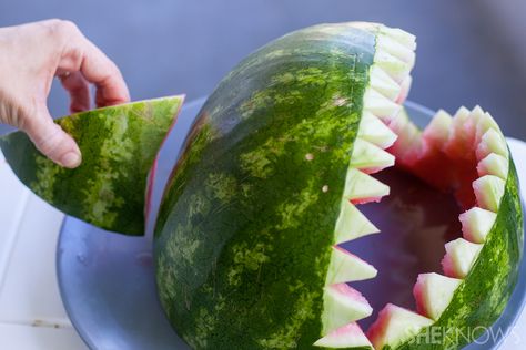 Fruit-filled watermelon shark bowl… It’s easier than you think – SheKnows Egg Tulips, Shark Bowl, Cut A Watermelon, Watermelon Shark, Palm Tree Fruit, Appetizer Display, Shaped Fruit, 9 Birthday, Summer Potluck