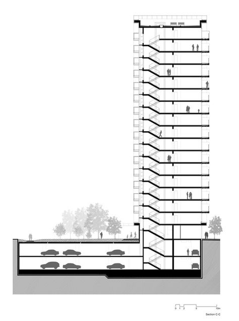 Section Building Architecture, Mix Use Building Architecture Concept, Section Plan Architecture, Mixed Use Building Plan, Apartment Architecture Plans, Mixed Use Building Concept Architecture, Apartment Building Floor Plans, Apartment Architecture Design, Architectural Plan