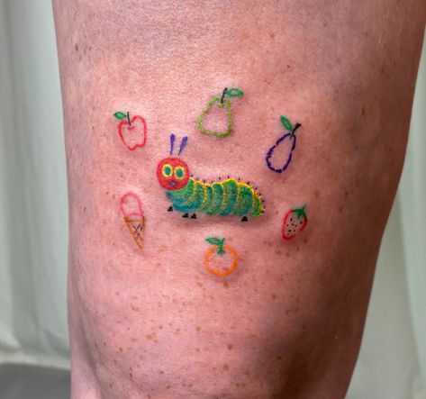 Eric Carle Tattoo, Childhood Memories Tattoo Ideas, The Very Hungry Caterpillar Tattoo, Childhood Memories Tattoos, Childhood Tattoos Memories, Hungry Caterpillar Tattoo, Hungry Caterpillar Art, Tattoo Ideas Colorful, Childhood Tattoo Ideas