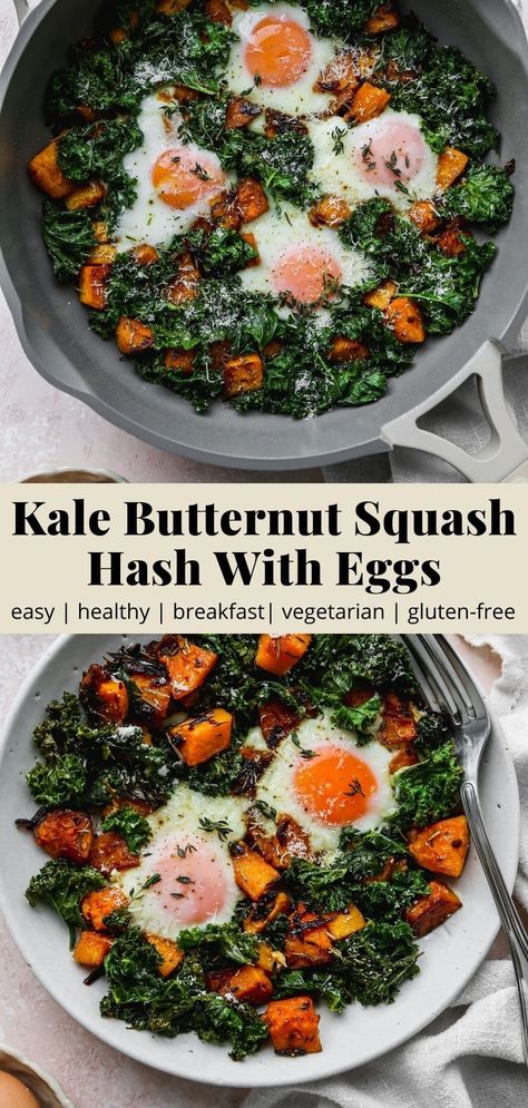 This butternut squash hash with eggs and kale is such a delicious, easy, and cozy breakfast idea! All you need are 9 simple ingredients. Recipe is vegetarian, gluten-free, and can easily be made dairy-free as well. Butternut Squash Vegetarian Recipes, Butternut Squash Breakfast, Butternut Squash Hash, Kale Breakfast, Squash Breakfast, Kale Butternut Squash, September Recipes, Walder Wellness, Healthy Squash Recipes