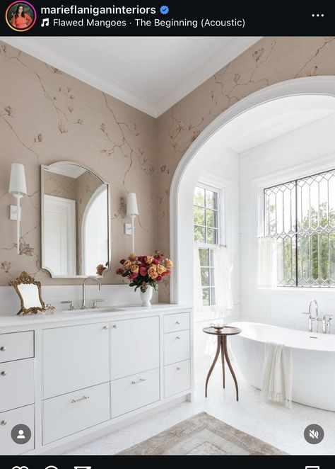 Vanity With Window, Beautiful Bathroom Ideas, Pale Pink Wallpaper, Bathtub Alcove, White Bathroom Ideas, Marie Flanigan Interiors, Tranquil Bathroom, Marie Flanigan, All White Bathroom