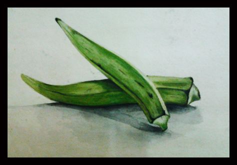 lady finger in water color Ladies Finger Drawing, Lady Finger Painting, Lady Finger Vegetable, Watercolor Fruits And Vegetables, Exam Drawing, Water Cycle Project, Simple Car Drawing, Object Drawings, Object Painting