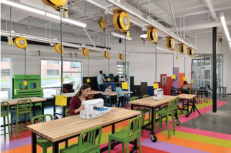 Design Trend: Make Way To Create | Year in Architecture 2021 | Library Journal Maker Space Architecture, Stem School Design, Makerspace Architecture, Maker Space Design, Makerspace Storage, Stem Lab Design, School Office Design, School Makerspace, Lab Architecture