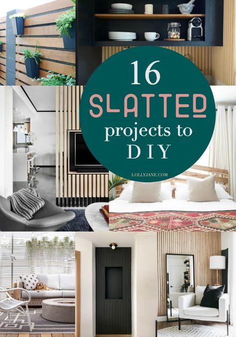 DIY Slat Walls Ideas to Make This Weekend! - Lolly Jane Entry Wall Ideas Modern, Diy Wooden Wall Panelling, Diy Slat Accent Wall, Diy Wood Slat Wall Living Room, Mid Century Wall Panel, Cover Up Wall Ideas, Tambour Accent Wall, Bedroom Panel Wall Ideas, Mid Century Modern Accent Wall Bedroom