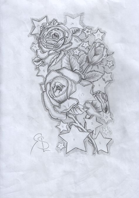 Rose And Star Tattoo Design, Star And Rose Tattoo, Rose And Star Tattoo, Tattoo Sleeve Drawings, Brass Knuckle Tattoo, Star Sleeve Tattoo, Roses Sketch, Sleeve Tattoo Designs, Sketches Tattoo