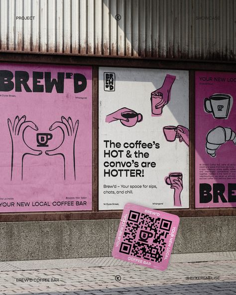 A closer look at the Brand Identity for @brewd_coffeebar 🩷☕️🩷 If you missed it - Brew’s coffee bar is all about offering an intimate escape for coffee lovers who value sustainability and connection. Serving ethically sourced coffee by @flightcoffee - in their cozy welcoming space. They’re creating a feel good experience that’s community focused and authentic. Find them inside the new @bravado_hairsalon soon 🩷 Whangārei you need to keep your eyes peeled for this one! . . . Mockups by @bendi... Coffee Brand Poster, Coffee Graphic Design Poster, Coffee Shop Brand Design, Cafe Post Ideas, Coffee Brand Identity, Coffee Shop Poster Design, Coffee Shop Graphic Design, Cafe Branding Identity, Coffee Design Ideas