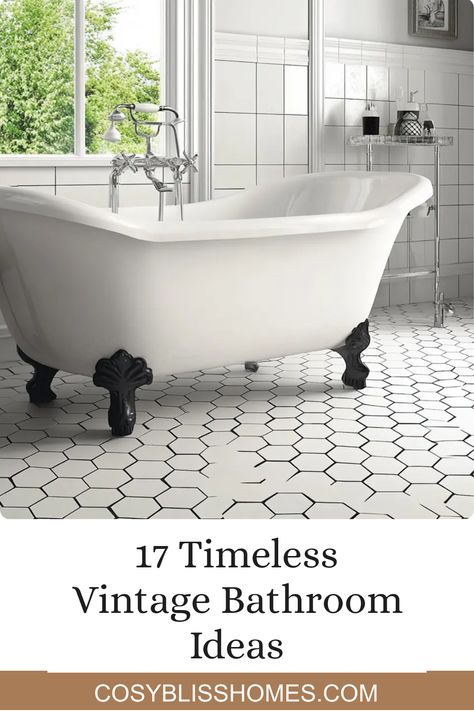 Transform your bathroom into a classic sanctuary with these 17 vintage bathroom ideas. Whether you’re considering elegant clawfoot tubs, chic hexagon floor tiles, or charming vintage fixtures, this collection has everything you need to create a cozy, spa-like vibe. Discover ways to incorporate eclectic vintage décor, rich colors, and nostalgic elements that bring character and warmth to your bath. Dive into retro designs that will invite relaxation and celebrate timeless glamour. Make your bath a perfect retreat with these beautiful inspirations! Vintage Inspired Small Bathroom, Vintage Tile Bathroom Floor, Cottage Style Bathrooms Vintage, Vintage Bathroom Floor Tile Ideas, Vintage Bathrooms 1920s, Small Vintage Bathroom Ideas, 1940 Bathroom Ideas, English Cottage Bathroom Ideas, Vintage Master Bath