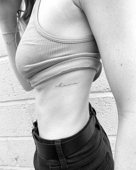 Ohana Rib Tattoo, Family Rib Tattoo, You Are Enough Tattoo On Rib, Best Friend Tattoos Ribs, Handwriting Tattoo Ribs, Rib Cursive Tattoo, Rib Name Tattoos For Women, Rib Script Tattoo Women, Name Rib Tattoo