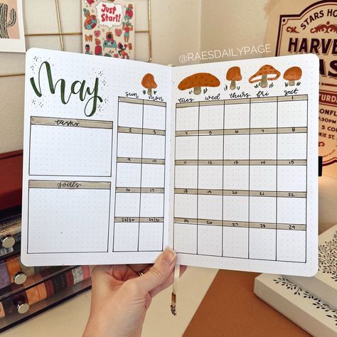 Dot Journal Monthly Layout, May Monthly Spread Bullet Journal, Bullet Journal Ideas Monthly Layout, Month Spread Bullet Journal, Bujo Monthly Log, Mushroom Bujo, Bujo Monthly Spread Ideas, Monthly Bujo Spread, Mushroom Bullet Journal