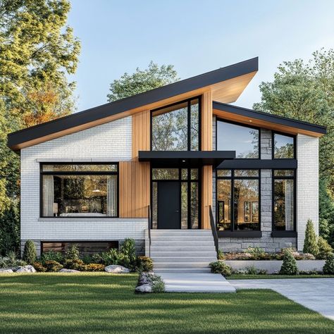 Discover your dream home in modern elegance. 🏡 This split-level masterpiece blends white brick and grey siding with warm wooden accents, creating a stunning contemporary look. Slanted roofs, large windows, and sleek black frames add to the dynamic vibe. Surrounded by nature's beauty, this is where style meets serenity. 🌳🌿 #ModernHome #ArchitectureDesign #DreamHome #ContemporaryLiving #HouseGoals #RealEstate #LuxuryLiving #HomeDesign #minimalistdesign Modern Bilevel Exterior, Affordable Modern House, Split Level Modern Farmhouse, Split Level Modern House, Modern Small House Design Simple, Scandinavian Split Level House, Modern Simple House, Contemporary Split Level Home, Exterior House Options