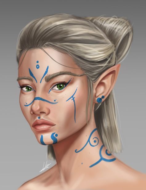 Half Elf Druid, Elf Priestess, Elf Tattoo, Elven Woman, Paint Portrait, Moon Elf, Elf Face, Portrait Female, Half Elf