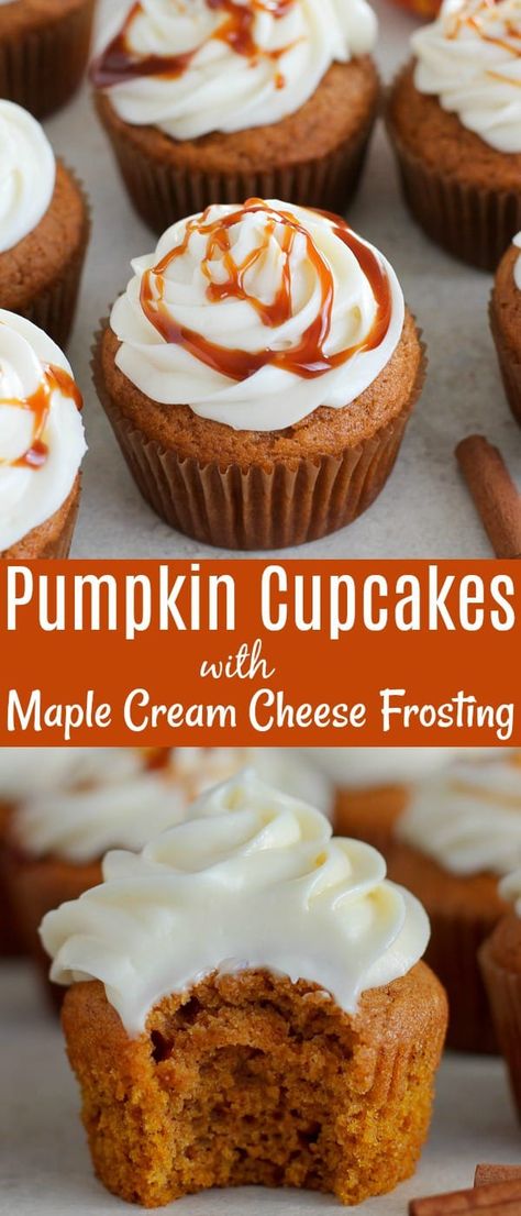 Pumpkin Cupcakes - Tender, lightly spiced pumpkin cupcakes topped with maple cream cheese frosting and finished with a drizzle of caramel. An easy fall dessert! #pumpkin #cupcakes #pumpkincupcakes #pumpkinspice Pumpkin Frosted Cupcakes, Pumpkin Cupcakes With Maple Frosting, Cupcakes Amor, Fall Desserts Pumpkin, Healthy Pumpkin Dessert, Celebrating Sweets, Maple Cream Cheese Frosting, Dessert Pumpkin, Fall Dessert Recipes Easy