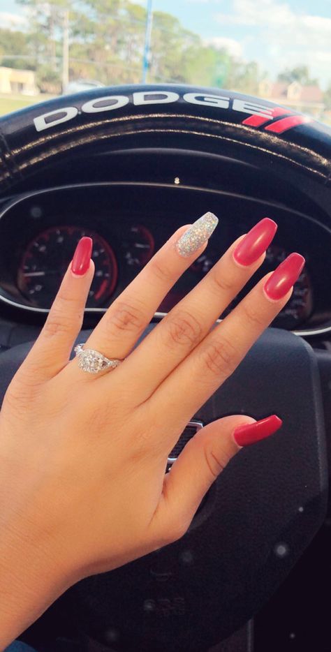 Red Nail Designs For Hoco, Acrylic Nails To Go With Red Dress, Nails To Go With A Red Prom Dress, Cute Red Nails For Homecoming, Nails To Match Red Dress Prom, Homecoming Nails Red Dress, Red Hoco Nail Ideas, Red Preppy Nails, Cute Hoco Nails For Red Dress