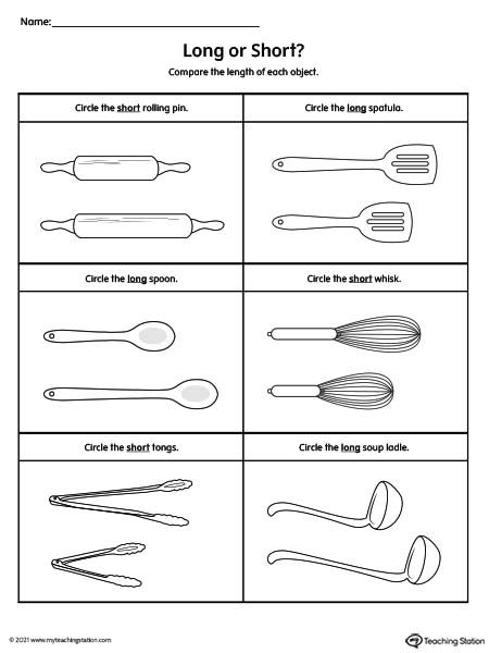 Pre-K length comparison worksheets. Compare long vs. short objects in this preschool printable worksheet. Maths Comparison Worksheet, Long And Short Measurement Kindergarten, Comparing Objects Kindergarten, Long And Short Worksheets For Preschool, Compare Length Kindergarten, Long Short Preschool Activities, Comparing Sizes Preschool, Long And Short Worksheet Kindergarten, Long Short Worksheet Preschool