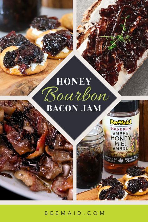 4 image collage showing crackers with cream cheese and rich bacon jam on top, Caramelized onions and bacon in a pan, a bottle of BeeMaid Amber Honey and a jar full of thick, dark brown bacon jam next to it. Bourbon Bacon Jam Recipe, Bourbon Bacon Jam, Bourbon Honey, Honey Bacon, Bacon Jam Recipe, Bourbon Bacon, Weekend Snacks, Honey Bourbon, Bacon Dip