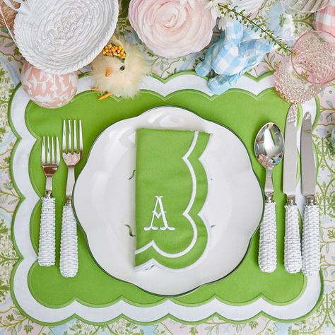 Enchanting, Whimsical & Bursting with Spring Sunshine, Our Exquisite New Collection was Shot at Magnificent Belvoir Castle. Belvoir Castle, Green Placemats, Embroidered Edge, Starter Plates, Placemats And Napkins, White Rattan, Green Napkins, Embroidered Border, Dinner Plate Sets