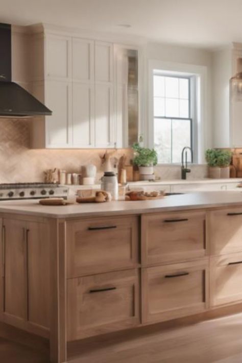 Discover the ultimate guide to White Oak kitchen cabinets - from their timeless beauty to their durability and versatility, this Pinterest pin covers it all! Learn about the 7 amazing advantages that make White Oak a top choice for kitchen design. Whether you're drawn to its natural grain pattern or its ability to complement various styles, White Oak cabinets bring warmth and character to any space. Consider the 3 cons as well, such as potential color variations and maintenance needs, for a bala White Oak Wood Cabinets Kitchen, Natural Oak Kitchen Island, White Oak Kitchen Cabinets Black Hardware, White Oak Wood Cabinets, White Oak Kitchen Cabinet Stains, White Washed Maple Cabinets, White Oak And White Cabinets Kitchen, Rift White Oak Cabinets, White Oak Kitchen With Black Accents