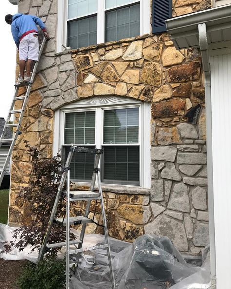 Carly Berger on Instagram: “#workinprogress #limewash #stone #curbappeal” Painting Exterior Rock On House, Exterior Rock Siding, Rock House Exterior, Blitz Design, Porch Colors, Stone Exterior Houses, Old Stone Houses, Stone Facade, Outdoor Stone