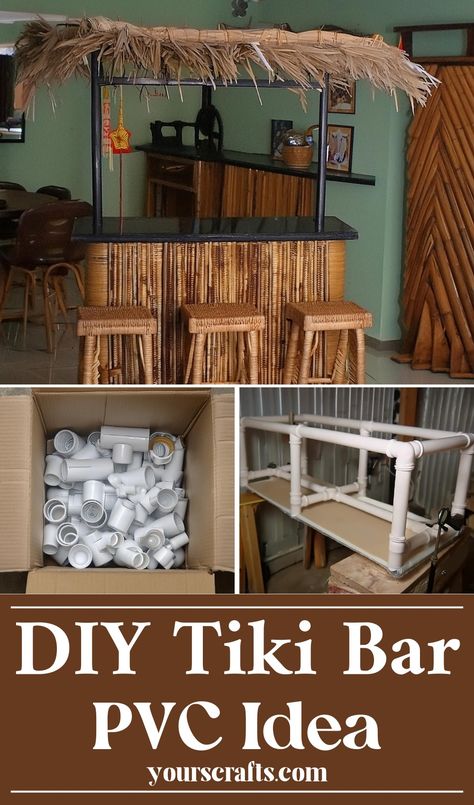 DIY Tiki Bar PVC Idea Building A Tiki Bar, Tiki Umbrella Ideas, At Home Tiki Bar, Bar Idea For Party, Tiki Bar Signs Diy, Pool Tiki Bar Ideas, Tiki Bar Ideas Diy, Backyard Tiki Bar Ideas, Tiki Bar Plans