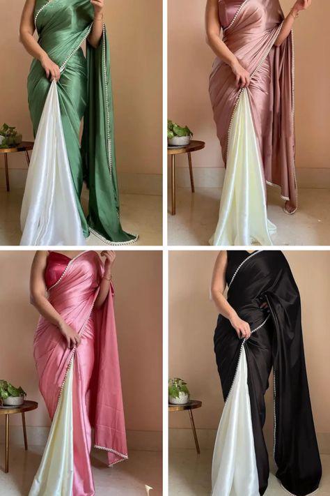 Womans satin japan half half desiner border saree, occassion and party wear look ,peal bordered, 4 colors available SHOP NOW @799 DM@ 9791377114 Satin Sarees, Border Saree, Satin Saree, Fashion World, Party Wear, Shop Now, Saree, Satin, Japan