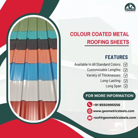 colour coated metal roofing sheets Industrial Structure, Industrial Roofing, Sheet Metal Roofing, Product Poster, Rural House, Metal Roofing, Roll Forming, Roofing Sheets, Aluminium Sheet