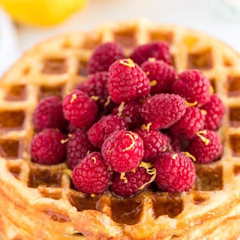 Raspberry Waffles, Bday Breakfast, Made To Be A Momma, Breakfast Goodies, Breakfast Waffles, Lemon Extract, Lemon Raspberry, Waffle Iron, Lemon Zest