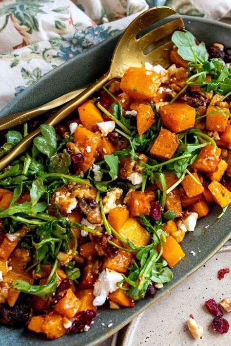 Butternut Squash Feta Salad  - Sailor Bailey Date Vinaigrette, Date Dressing, Butternut Squash Feta, Healthy Fall Salads, Sailor Bailey, Autumn Salad Recipes, Thanksgiving Salad, Butternut Squash Salad, Holiday Side