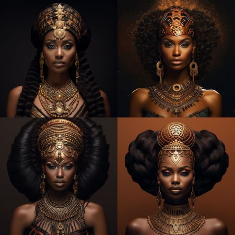 "The regal African queen possesses a commanding presence, her rich chocolate skin radiating warmth and strength. Adorned with intricate jewelry, her hair is a majestic crown of its own, woven with cultural significance and regal elegance. Her aura exudes grace and power, a living embodiment of heritage and beauty. Her eyes, deep and expressive, reflect wisdom acquired through the tapestry of experiences she has woven. The traditional garments she wears are a harmonious blend of vibrant colors, each thread telling a story of resilience and triumph. As she moves with regality, her gestures are deliberate and poised, carrying the weight of history with a graceful ease. In her presence, there's an undeniable sense of majesty that transcends time and resonates with the spirit of a proud and end Egyptian Goddess Art, Intricate Jewelry, Warriors Art, Regal Elegance, African Queen, Egyptian Goddess, Black Artwork, Black Art Pictures, African Beauty