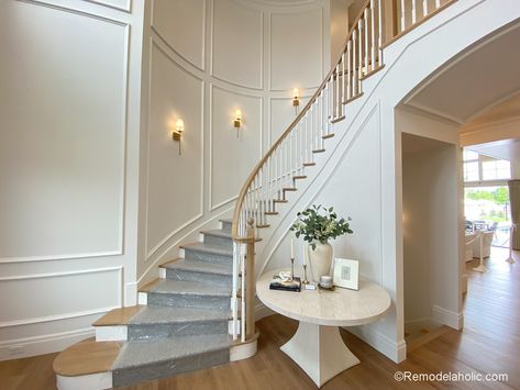 30 Beautiful Ideas on How to Decorate Tall Walls | Remodelaholic Curved Staircase Wall Molding, How To Decorate Curved Walls, Curved Staircase Wall Decor Ideas, Decorate Curved Wall, How To Decorate A Curved Wall, Curved Staircase Decor, Curved Wall Decor Ideas, Decorate Tall Walls, Decorating Staircase