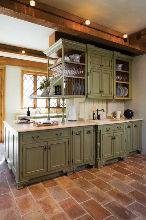 I love white cabinets. I really do. We painted our old kitchen cabinets white and it completely transformed the space, like shockingly different. I also painted my mom’s kitchen cabinets white and it refreshed the room. Then of course we chose white cabinets in our new house as well. But if I didn’t redesign every room in my home after a … Distressed Kitchen Cabinets, Shelving Kitchen, Distressed Kitchen, Old Kitchen Cabinets, Sage Green Kitchen, Rustic Kitchen Cabinets, Green Kitchen Cabinets, Tiles Floor, Green Cabinets