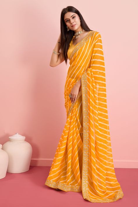 Yellow Georgette Saree, Women's Traditional & Ceremonial Clothing, Bridesmaid Saree, Modern Saree, Party Sarees, Party Wear Saree, Dress Attire, Designer Kurti, Casual Saree