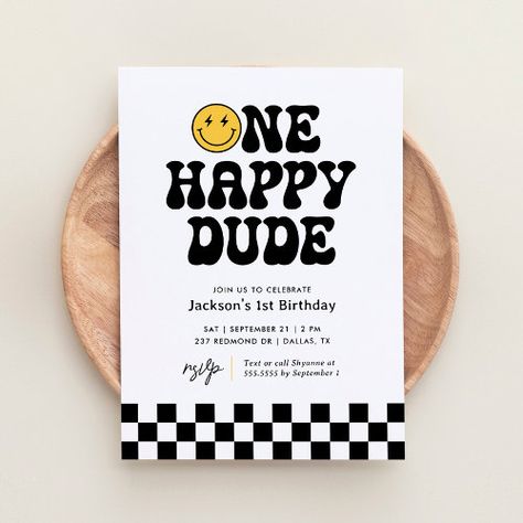 One Happy Dude Checker Happy Face 1St Birthday Invitation #zazzle #weddinginvitations #birthdayinvitations #babyshowerinvitations #zazzleinvitations #monogram #businesscards #graduation #homedecor One Happy Dude Invitation Template, One Happy Dude Invitation, Happy Dude Birthday Theme, Zazzle Invitations Birthday, Advance Happy Birthday Wishes, Birthday Black And White, Dude Birthday Party, Dude Birthday, One Happy Dude Birthday