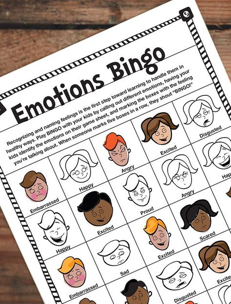 FREE kids printable | emotions bingo | emotional development activity Aba Group Activities, Emotion Bingo Free Printable, Feeling Identification Activities, Feelings Bingo Free Printable, Emotions Bingo Free Printable, School Social Work Activities, Emotional Development Activities, Social Work Activities, Emotions Game