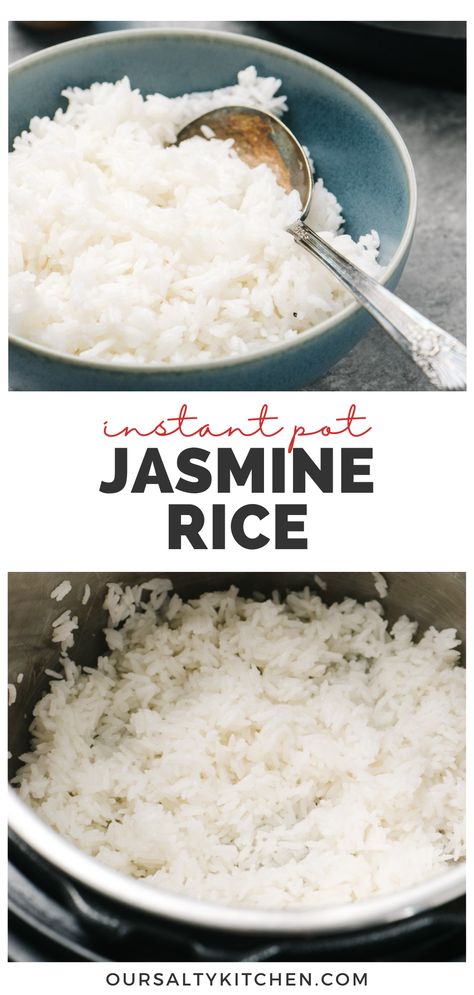 Top - side view of jasmine rice in a blue bowl with a silver serving spoon; bottom - jasmine rice in an instant pot. How To Cook Jasmine Rice, Cook Jasmine Rice, Perfect Jasmine Rice, White Jasmine Rice, Jasmine Rice Recipes, Rice In The Microwave, Vegetable Stir Fry Recipe, Cooking Jasmine Rice, Perfect Rice