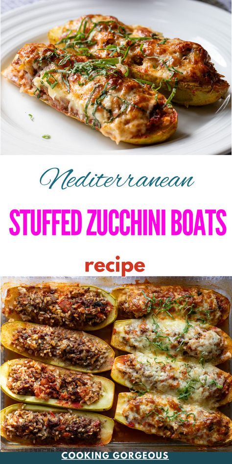 Hollowed out zucchinis filled with spiced ground beef, onions, fresh herbs, and rice, topped with cheese to add extra flavor, and then baked to tender perfection. Mediterranean Ground Beef, Shirazi Salad, Garden Zucchini, Ground Beef And Rice, Albanian Recipes, Stuffed Zucchini Boats, Great Dinner Recipes, Sunday Dinner Recipes, Hearty Comfort Food