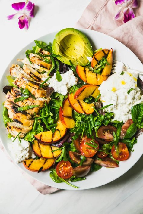 Grilled Peach and Chicken Salad with Burrata - Never Not Hungry Peach Chicken Salad, Salad With Burrata, Peach Chicken, Grilled Peach Salad, Burrata Salad, Salads Recipes, Top Chicken Recipes, Dinner Salad, Peach Salad