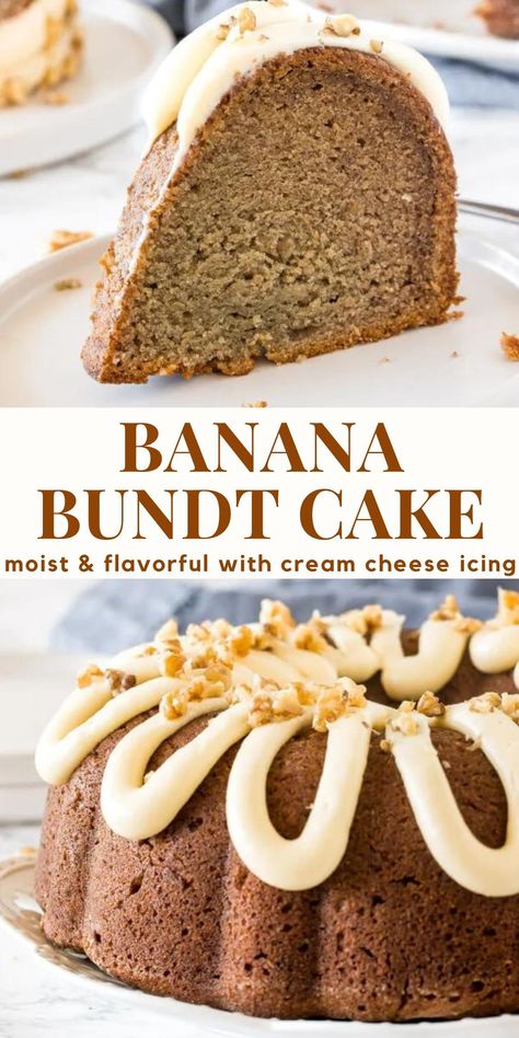 This delicious banana bundt cake is super moist with big banana bread flavor. It has hints of brown sugar, vanilla and cinnamon and is topped with cream cheese icing #bananabundtcake #bananacake #banana from Just So Tasty https://www.justsotasty.com/banana-bundt-cake/ Banana Cream Cheese Bundt Cake, Banana Pineapple Bundt Cake, Banana Bread Bundt Cake, Banana Bread Easy Moist, Bunt Cake Recipe, Bundt Cake Recipes, Cream Cheese Bundt Cake, Cake Mom, Banana Cake Recipe Easy