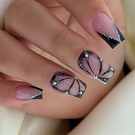 PRICES MAY VARY. 【Service Guarantee】If you have any questions about this medium press on nails with butterfly design, please feel free to contact us by Email. In case of transportation damage or quality problems, REPLACEMENT guarantee is provided. 【Eco-Friendly】Our french black fake nails are made of environmentally friendly ABS resin material, which is non-toxic, tasteless and environmentally friendly. 【Package Contents】24 PCS Press on Nails & A Nail File & Jelly Glue Stickers.(Durability of je Nail Art With Accessories, Nails With Art Design, Square Butterfly Nails, Nail Art Designs For Wedding, Best Summer Nails 2024, French Nails With Silver, Black Nails With Butterfly, Fall Floral Nail Art, Butterfly Wings Nails