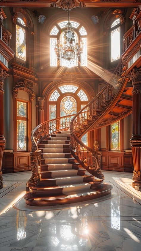 Elegant Spiral Staircase: The sun casts a warm glow over the #elegant #spiralstaircase in a #luxurious #home. #architecture #sunlight #luxury #mansion #spiral #aiart #aiphoto #stockcake ⬇️ Download and 📝 Prompt 👉 https://stockcake.com/i/elegant-spiral-staircase_539934_1116482 Castle Spiral Staircase, Carpeted Spiral Staircase, Gothic Spiral Staircase, Round Staircase, Castle Stairs Grand Staircase, Central Staircase, Spiral Staircases, Luxurious Mansion, Circular Stairs